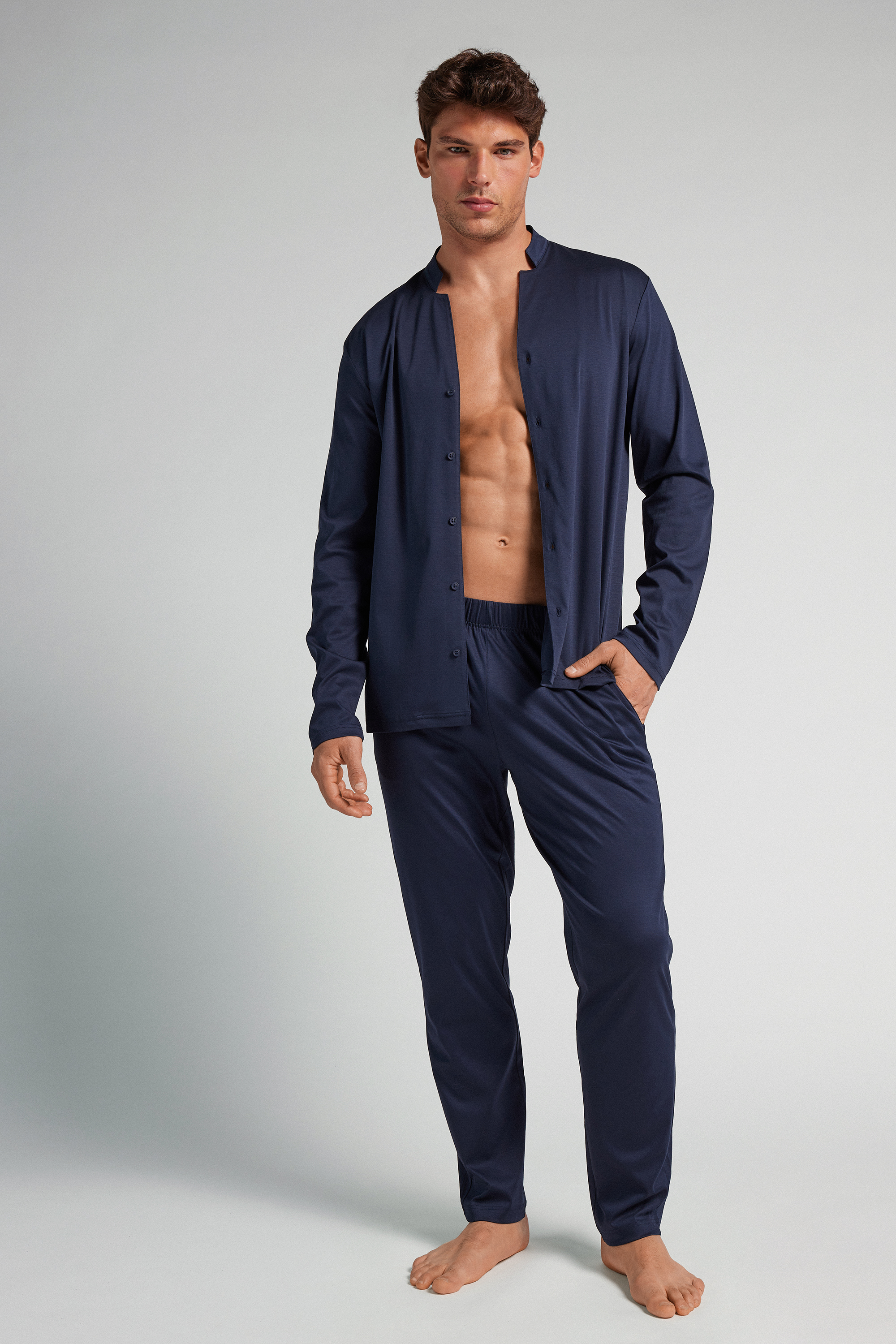 コットン フロントオープン ロングパジャマ