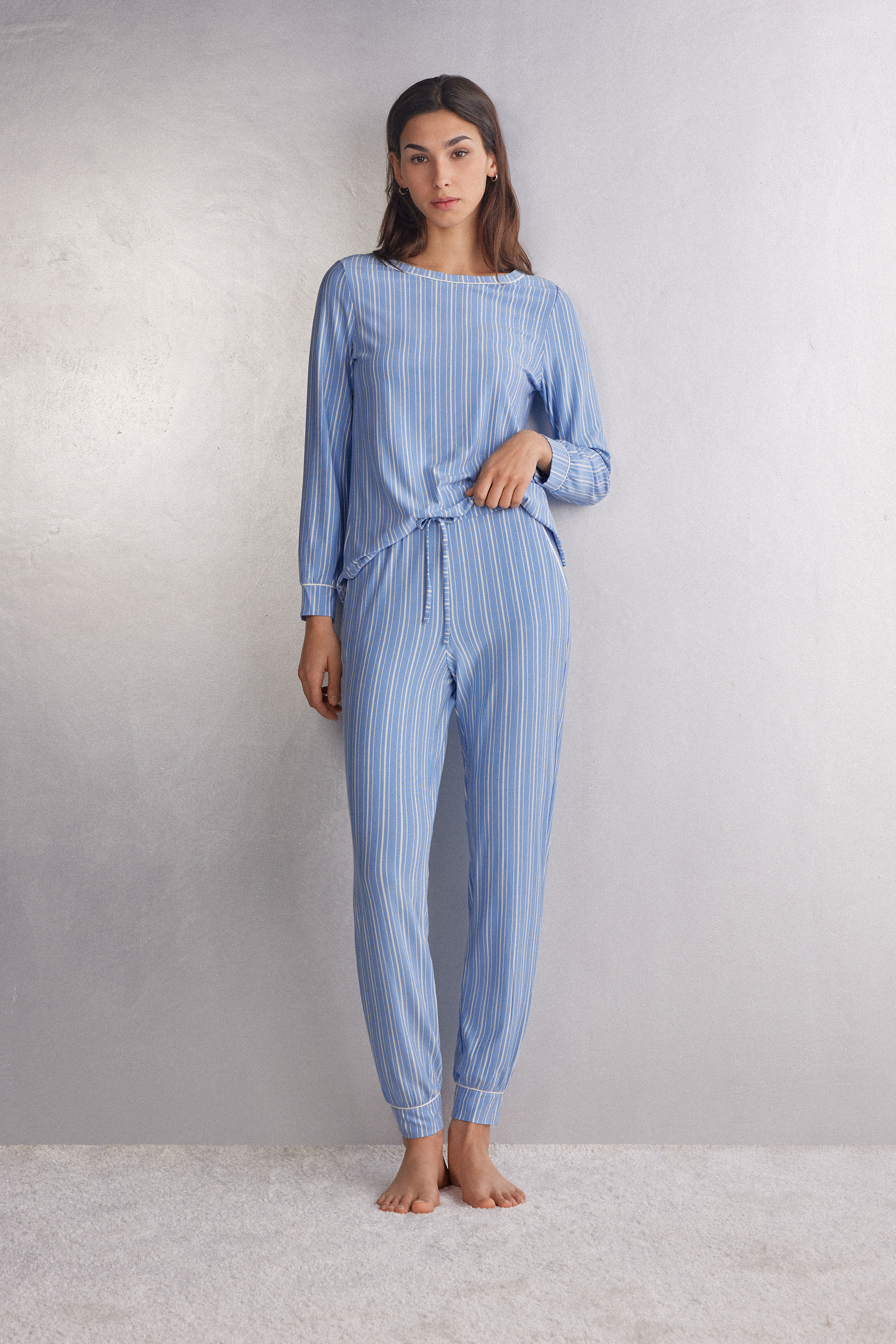 ストライプ オックスフォード モダール カフス付きロングパンツ