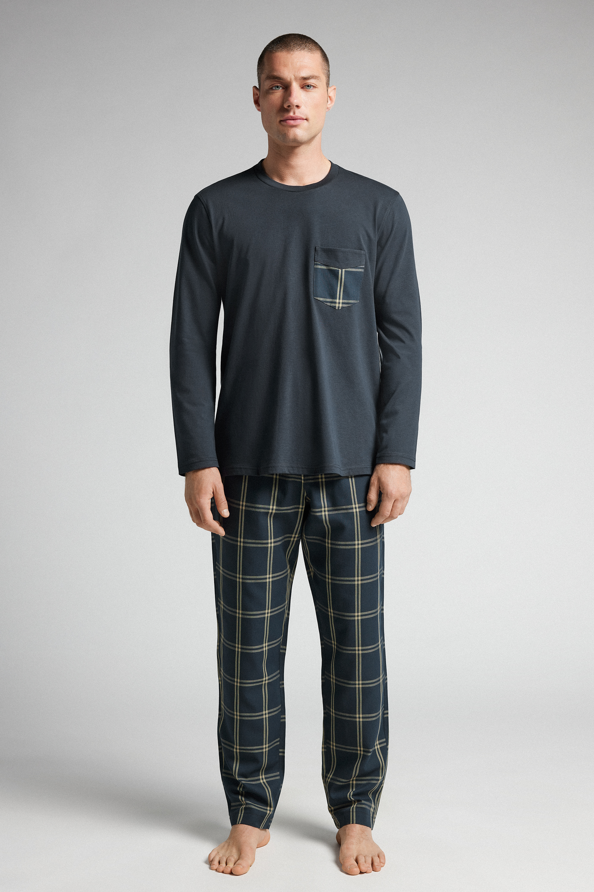 コットン＆チェックプリントファブリック ロングパジャマ