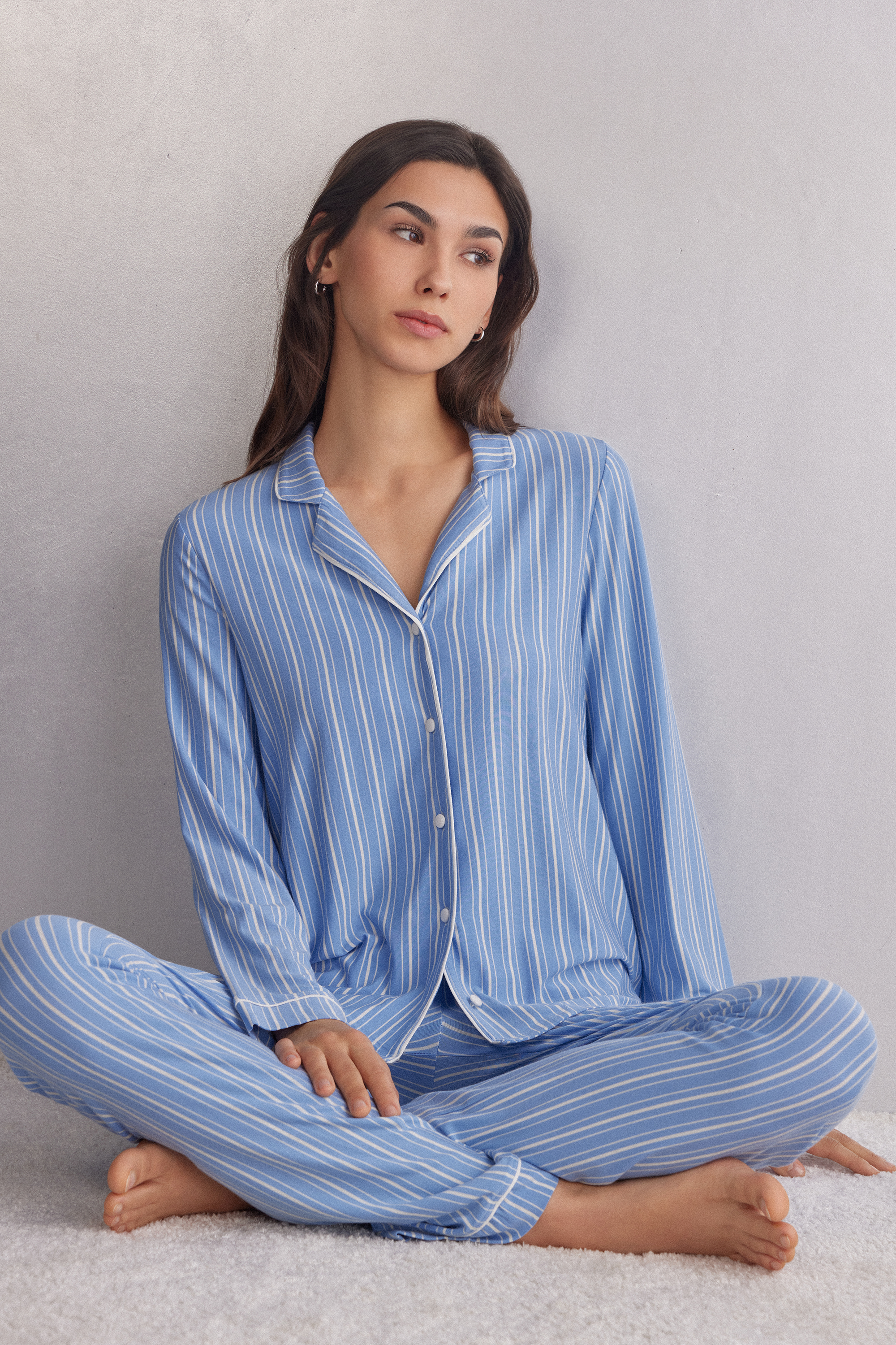 ストライプ オックスフォード オープンフロント モダール ニット