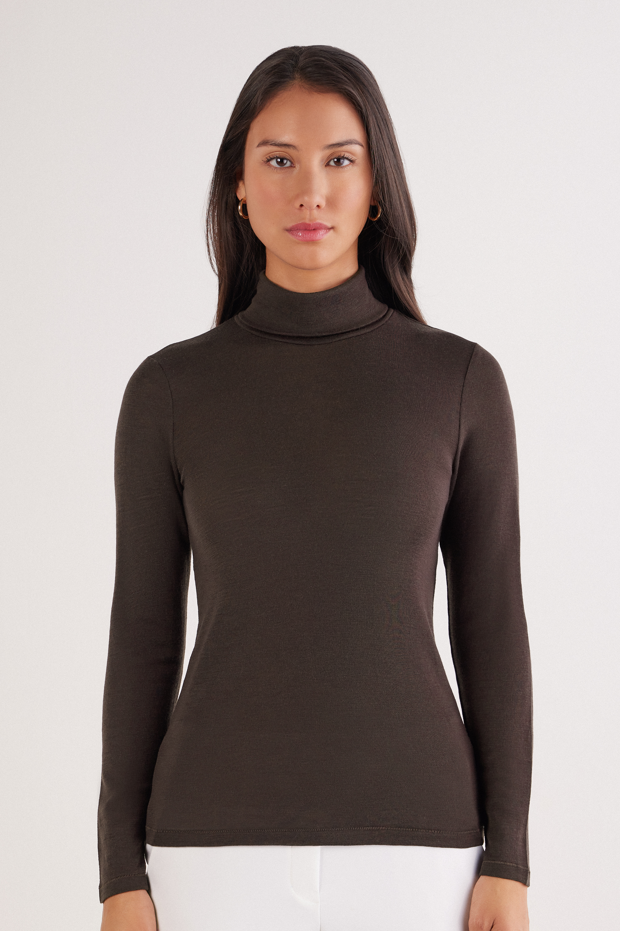 メリノウール100% ハイネック ロングスリーブ ニット