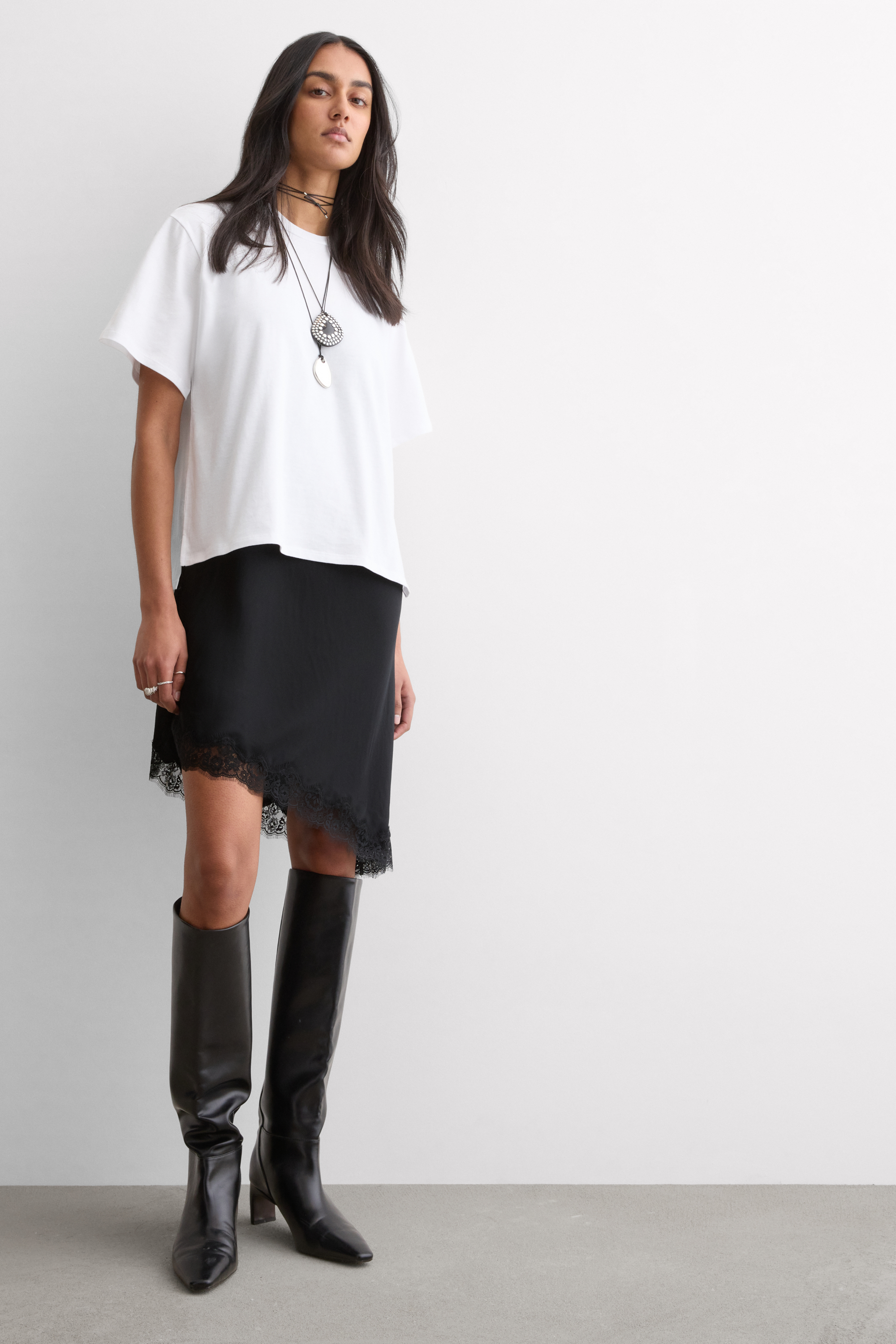 ビスコースサテン＆レース アシンメトリー スリップ