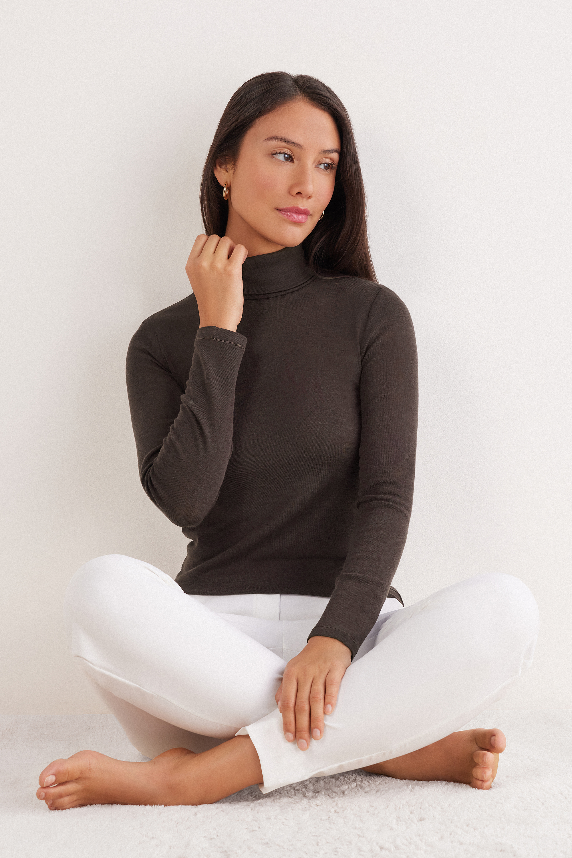 メリノウール100% ハイネック ロングスリーブ ニット