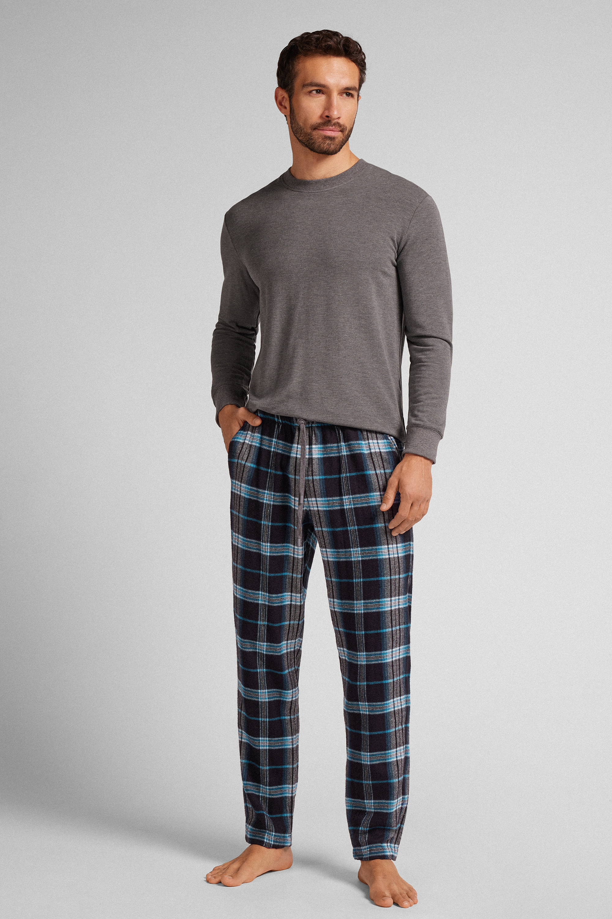 ブラック＆スカイブルー チェックプリント 起毛コットンファブリック パンツ