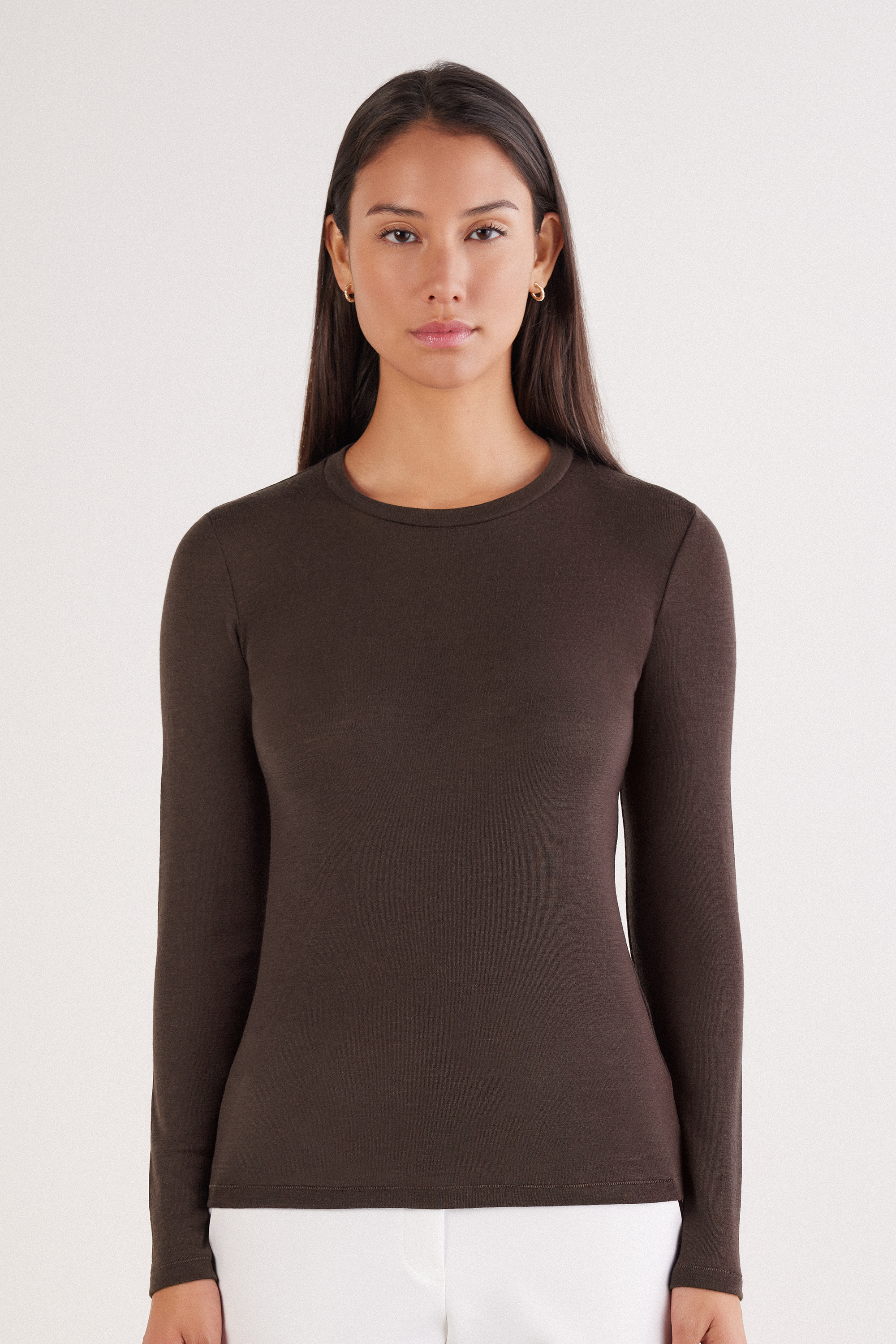 メリノウール100% ラウンドネック ロングスリーブ ニット