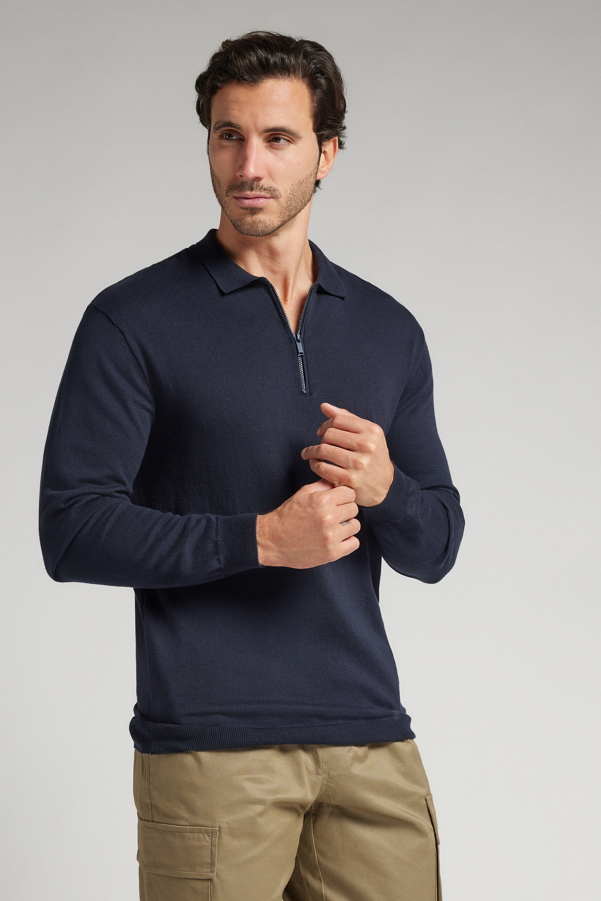 【ARISEISM】Knit Long Sleeve Polo Buy Grey Regular Fit 100% Cotton Long Sleeve Textured Knit